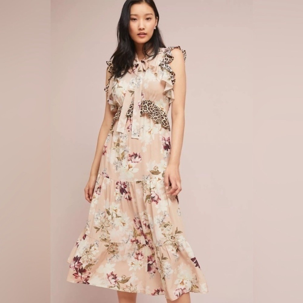 Anthropologie Kachel Sedona Sunrise Silk Maxi Dress size 4 floral animal print